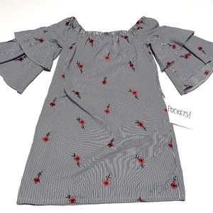 Betsey Johnson Off the Shoulder Striped Dress with Pockets & Ruffle Bell Sleeves